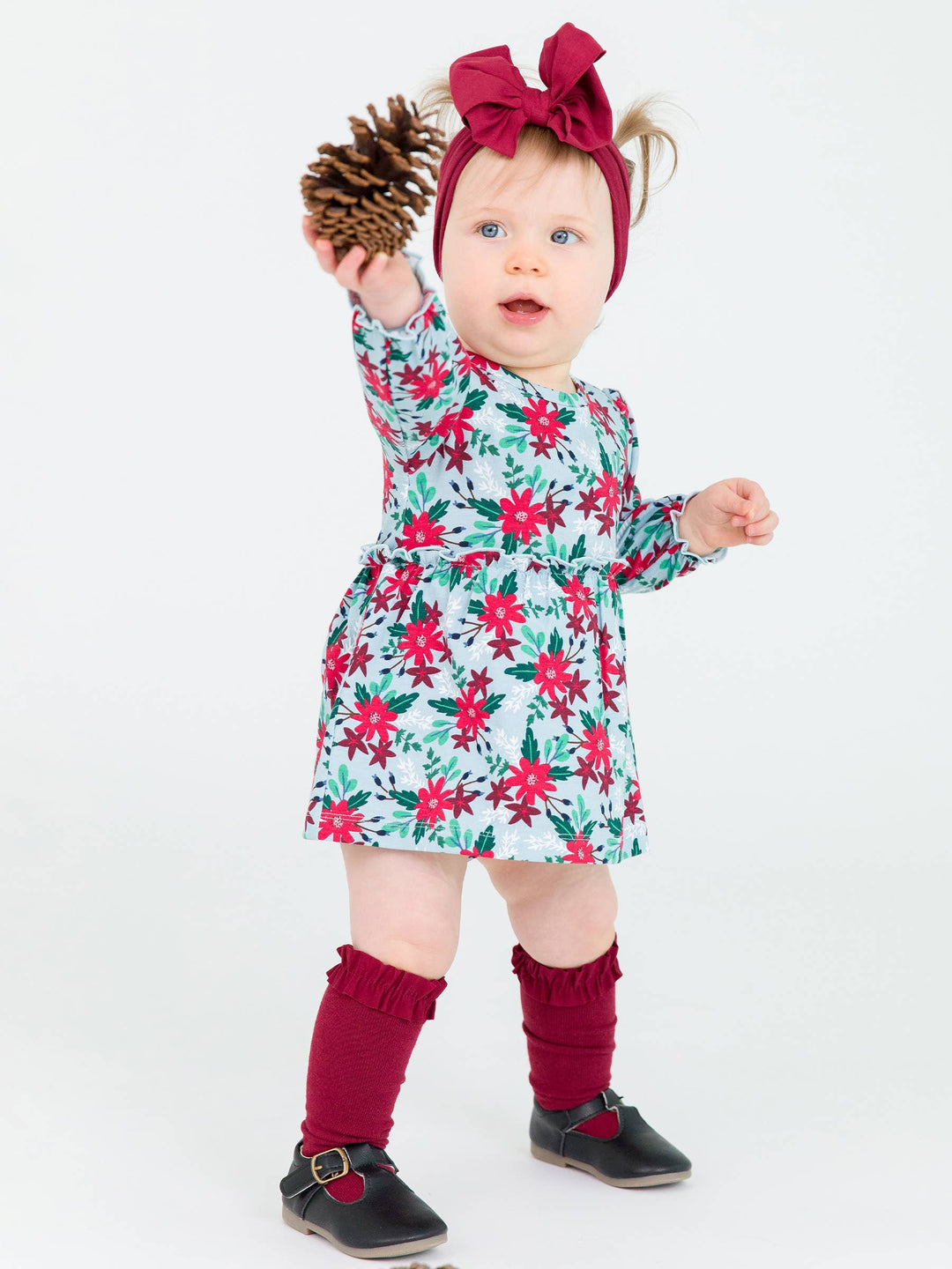 Girls Dark Cherry, White &amp; Fir Green 3-Pack Knee High Ruffle Socks