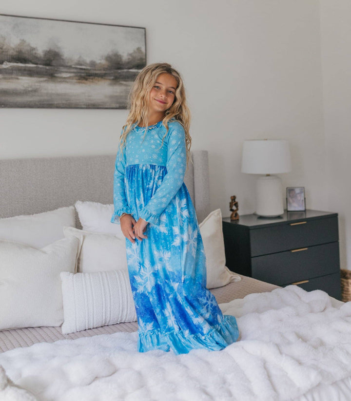 Girls Blue Snowflake Ice Princess Holiday Lounge Play Gown