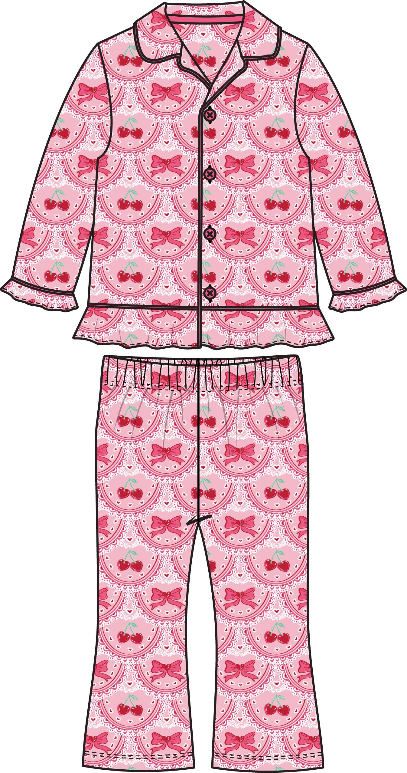 SoftSnooze™ Girls Love You Cherry Much Long Sleeve Button Up Ruffle Flare Pajama Set