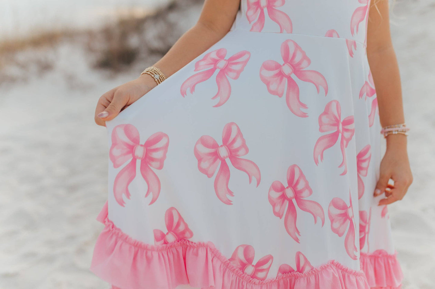 Kids Bella Pink Bow Flutter Sleeve Ruffles Spring Dress