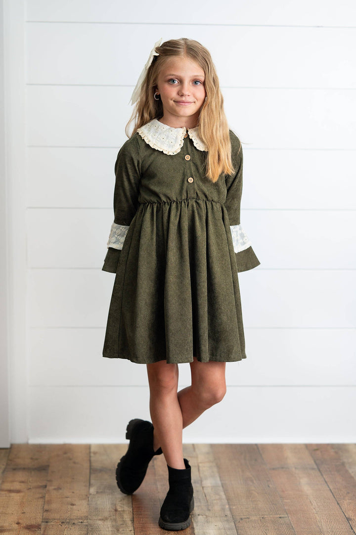 Girls Olive Green Corduroy &amp; Lace Bell Sleeve Fall Dress