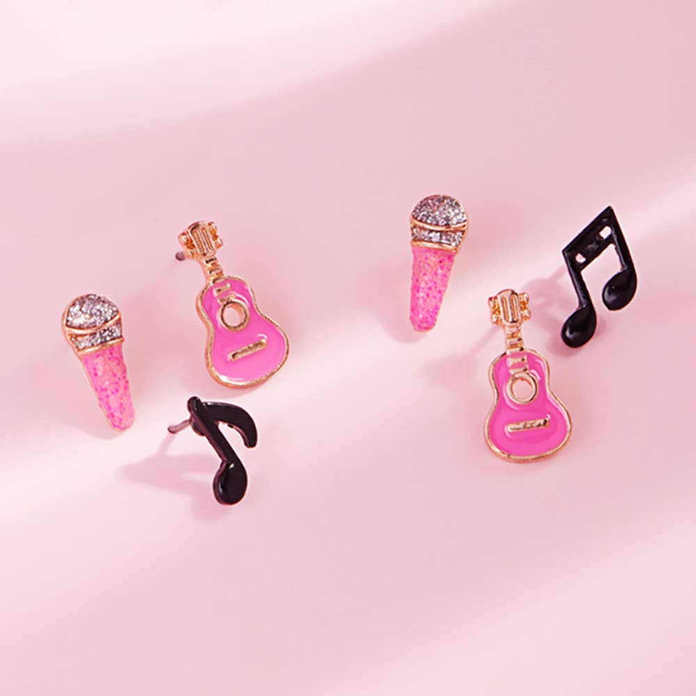 3PAIRS - Enamel Guitar Mic Music Note Stud Earring Set