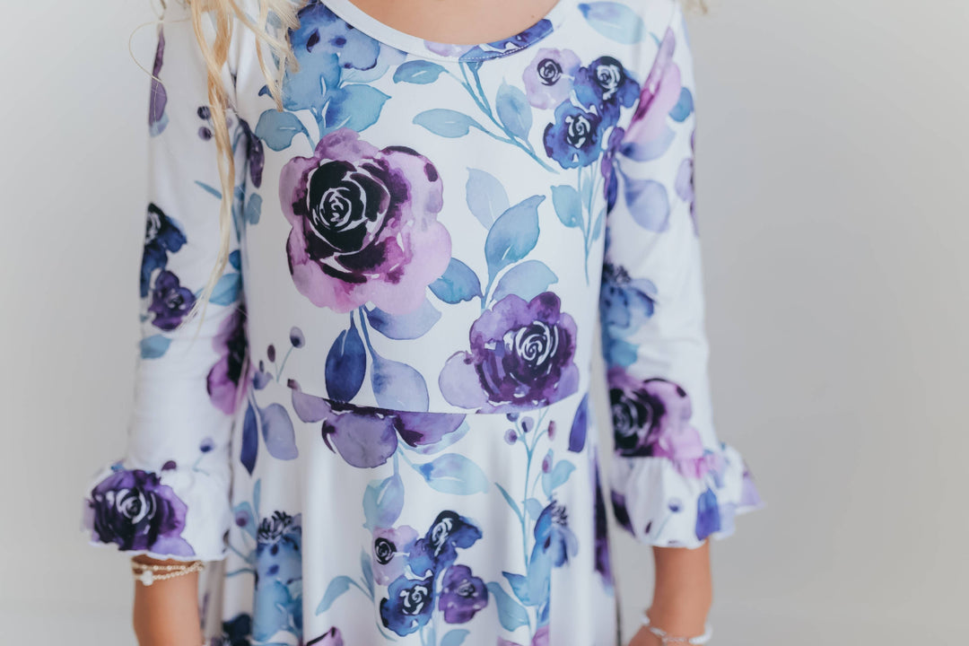 Girls Lavender Winter Floral Long Sleeve Ruffles Dress