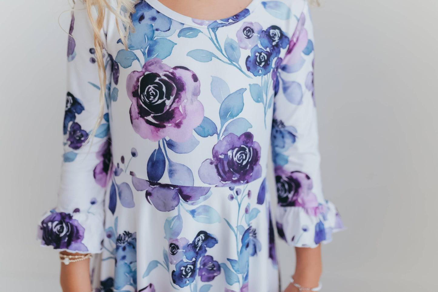 Girls Lavender Winter Floral Long Sleeve Ruffles Dress