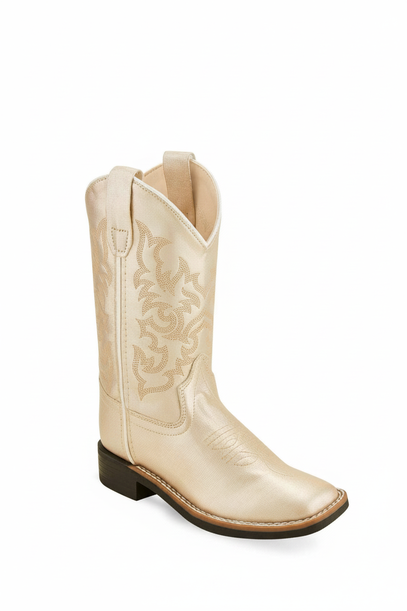 Shiny cream cowboy boot with square toe, embroidered shaft, pull tabs, and stacked heel.